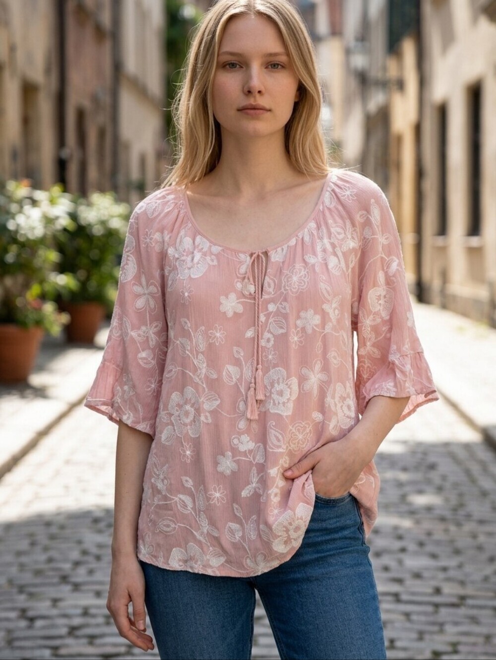 LIV Los Angeles Blouse Womens L Pink Kimono Sleeve Floral Embroidered Peasant